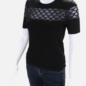 Maje Chic Black Knit Top with Mesh Sleeves